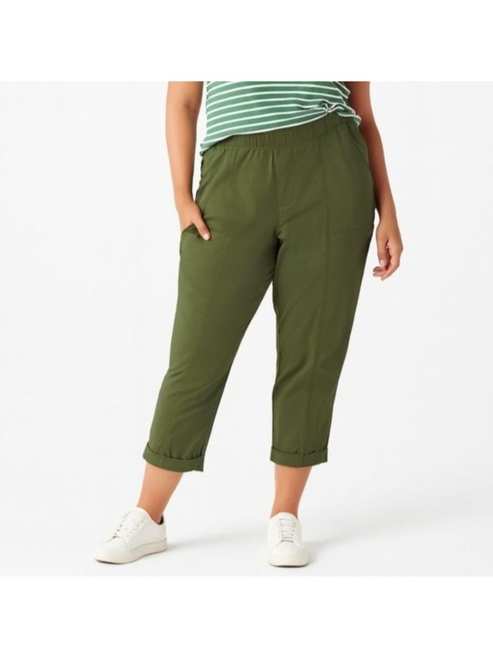 T by Tablots Womens Crop Pants Cuffed Green Lightweight Elastic Waist Petite LP